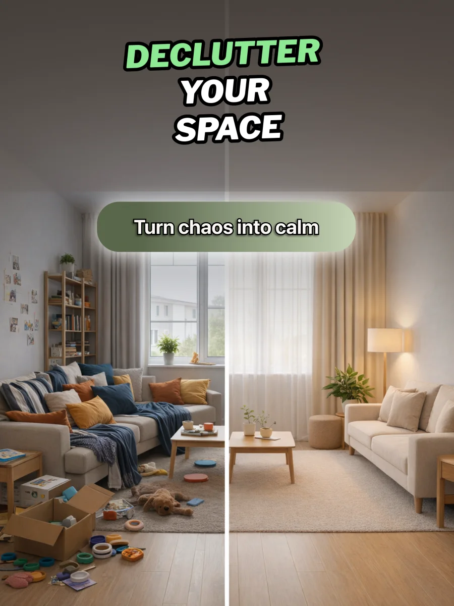 Declutter before-and-after room preview showing a messy living room beside a cleaner version, shown on iPad