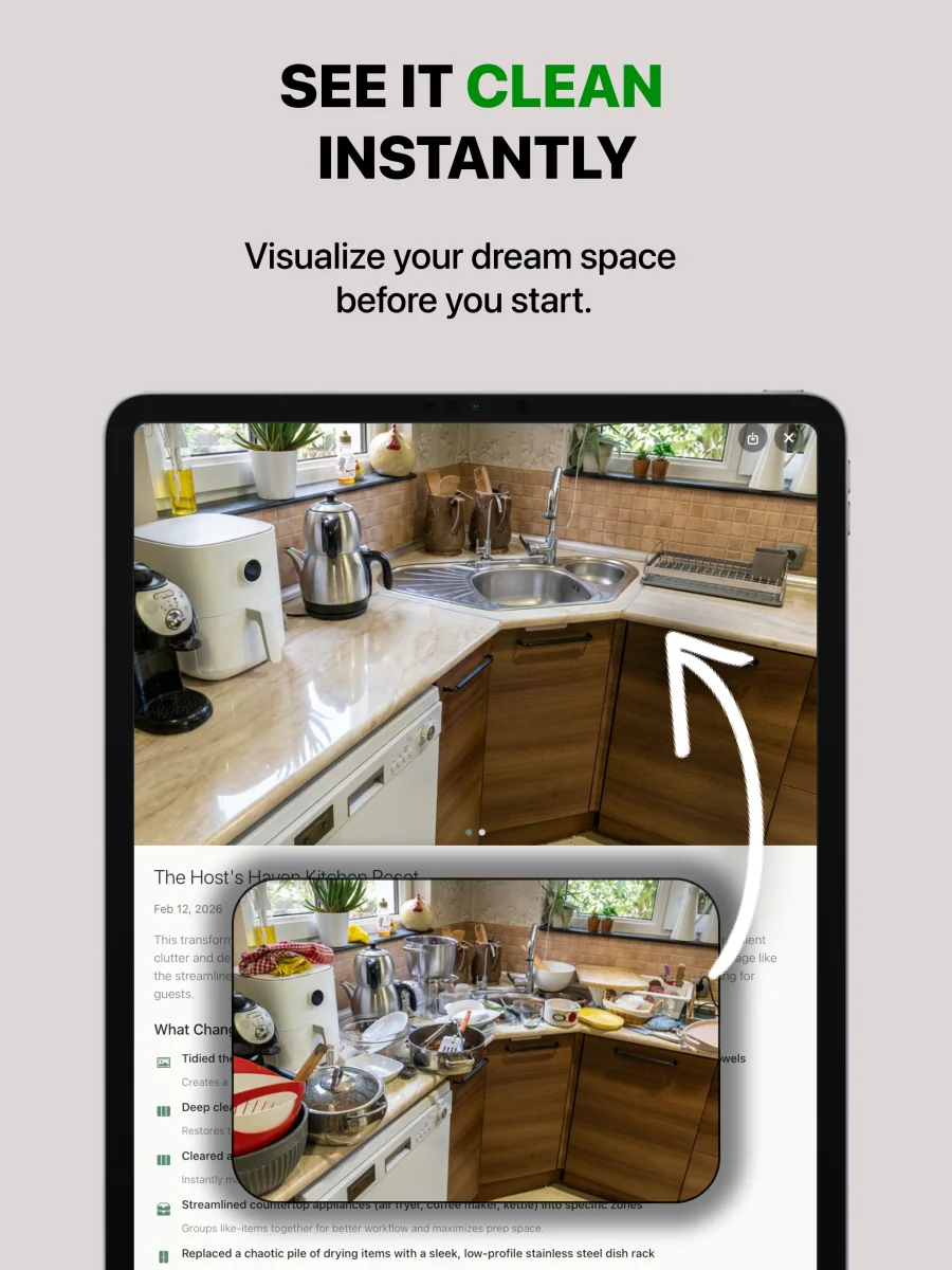 Declutter app showing an AI-generated clean kitchen above the original cluttered kitchen photo, shown on iPad