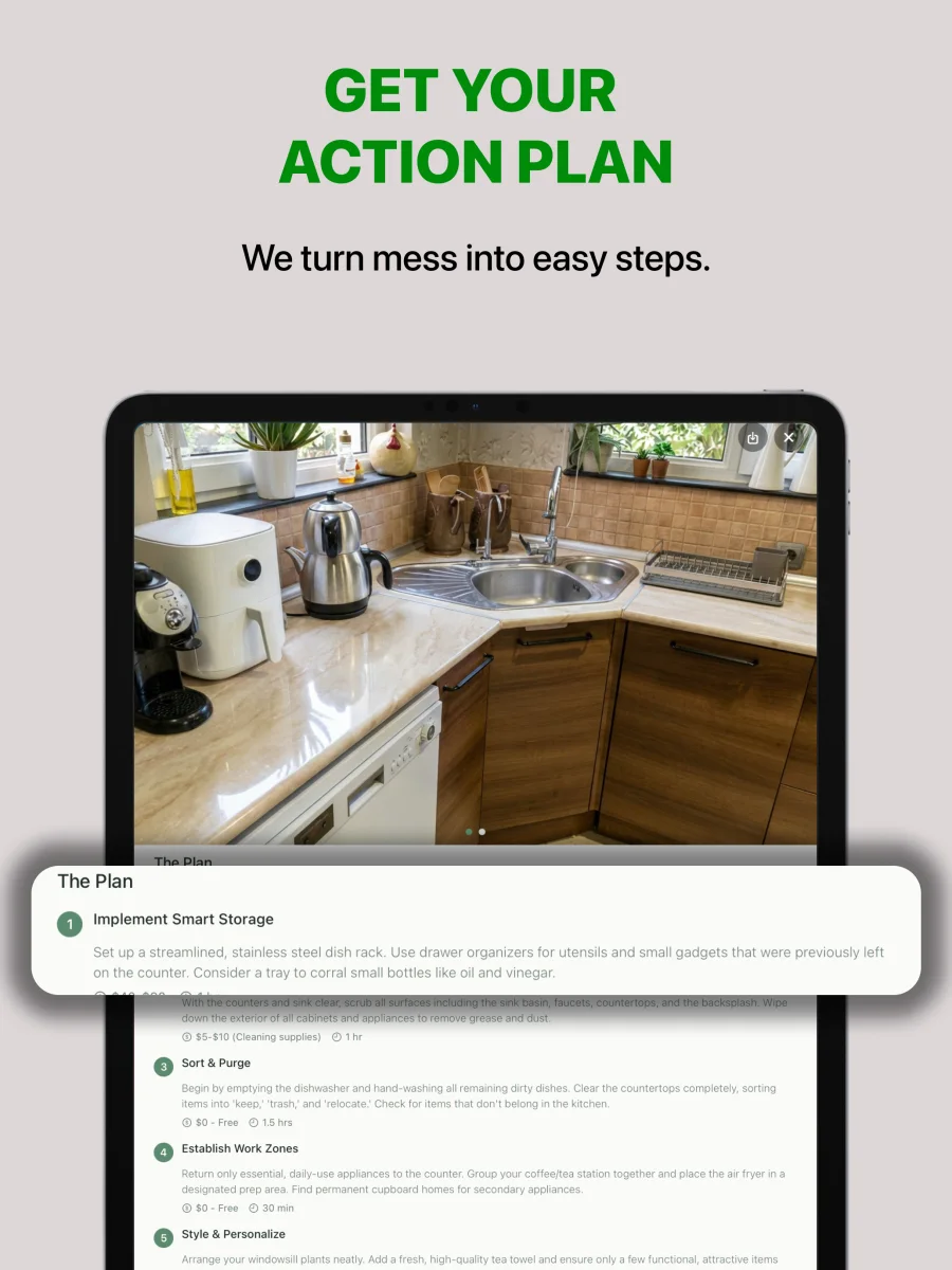 Declutter app action plan with prioritized steps, time estimates, and supplies, shown on iPad
