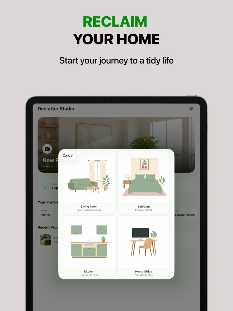 Declutter room picker with living room, bedroom, kitchen, and home office choices, shown on iPad