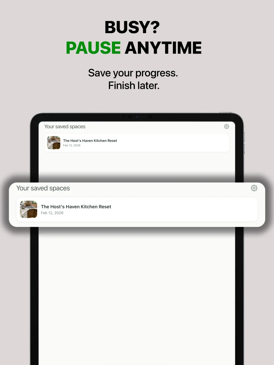 Declutter saved spaces screen for pausing and resuming home organization projects, shown on iPad