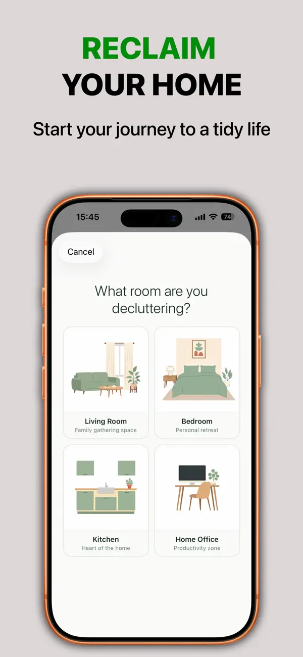 Declutter room picker with living room, bedroom, kitchen, and home office choices