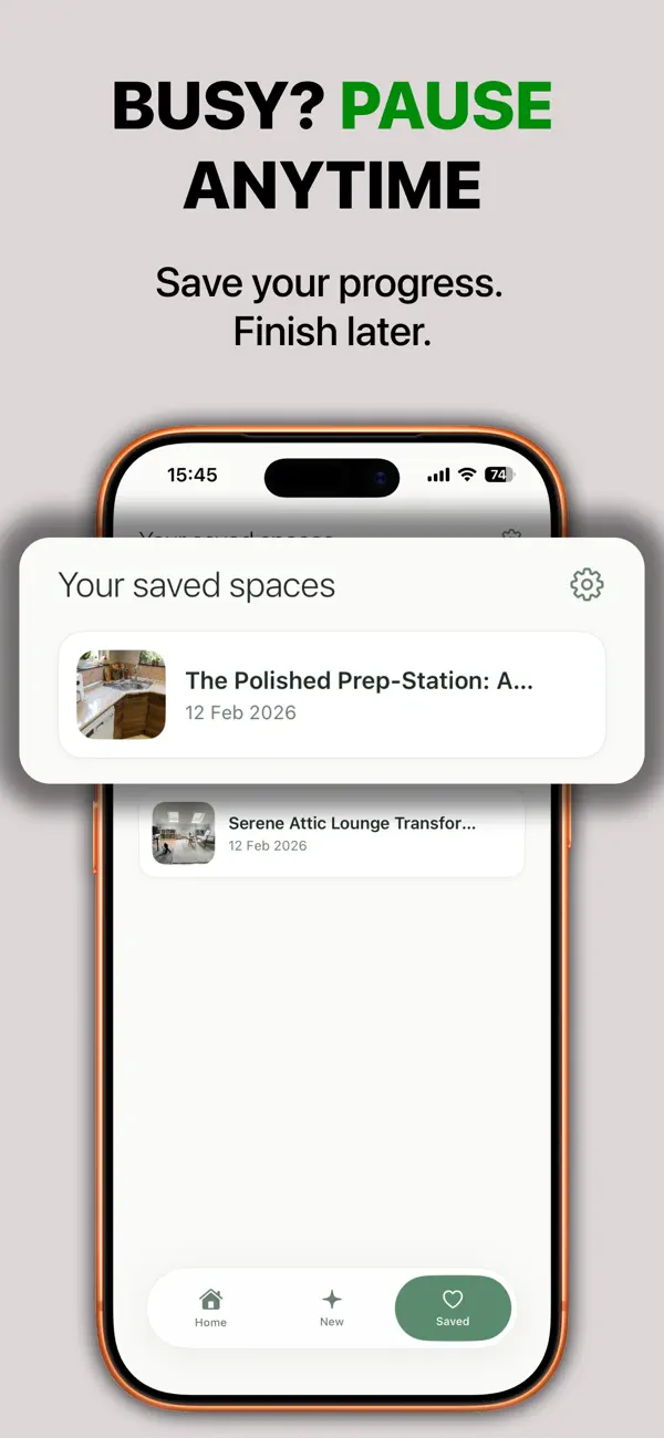 Declutter saved spaces screen showing paused room projects