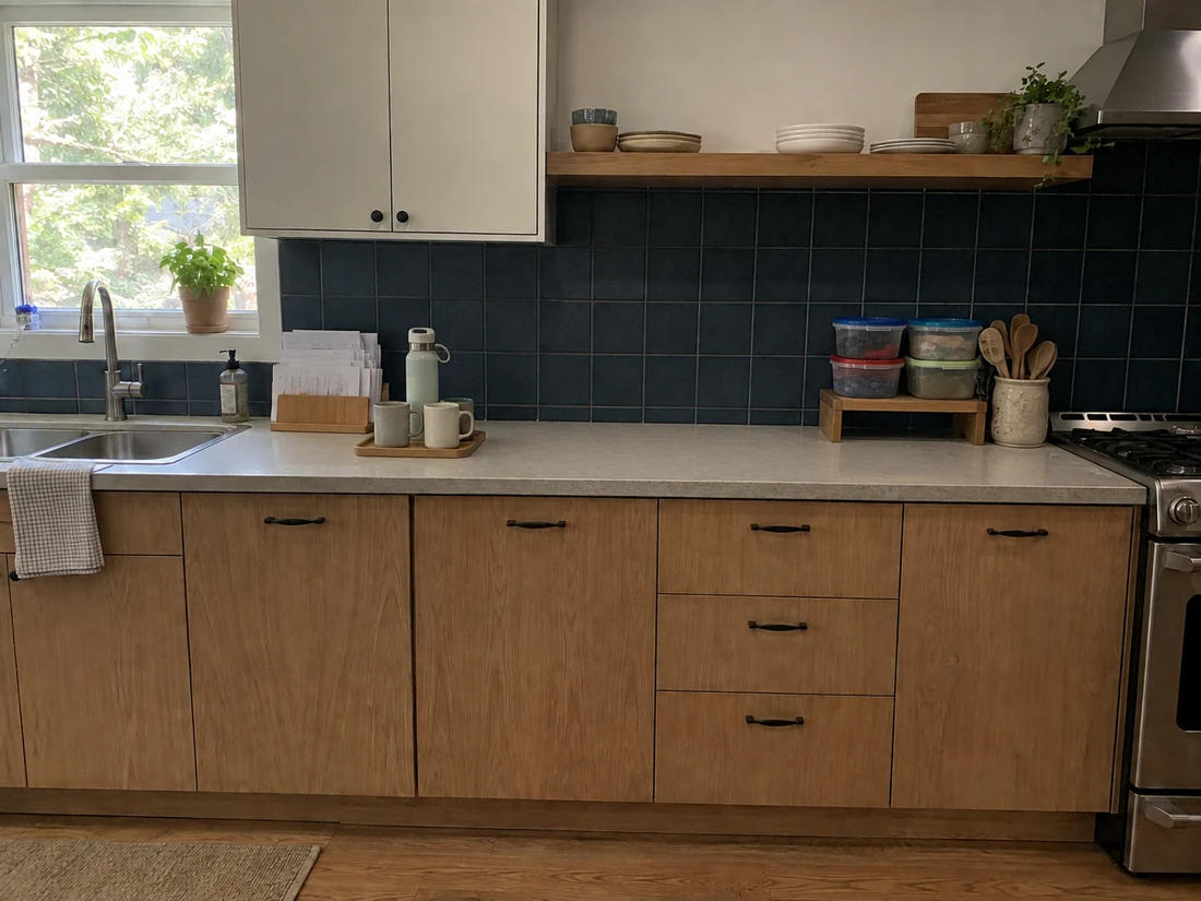 AI preview of the same kitchen using a shelf riser, mail organizer, and mug tray