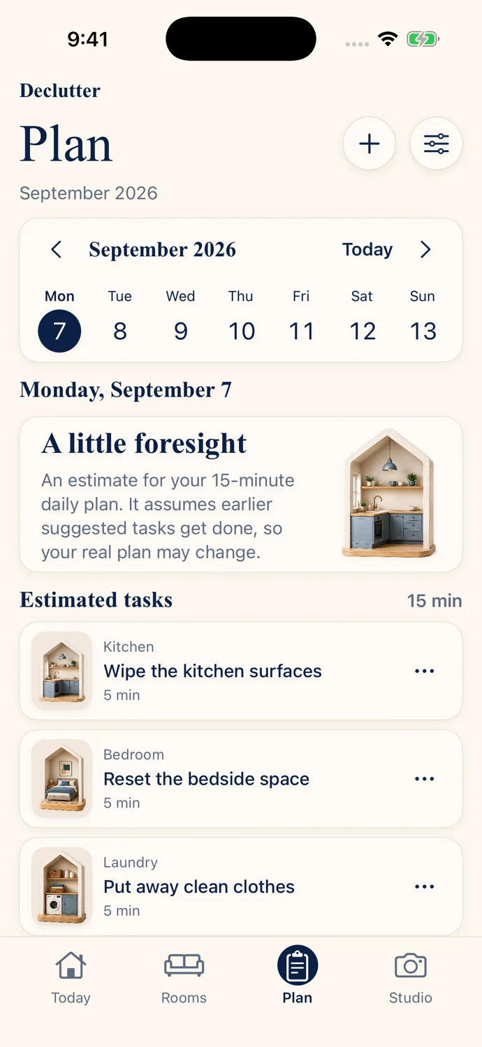 Declutter Plan calendar with upcoming room tasks