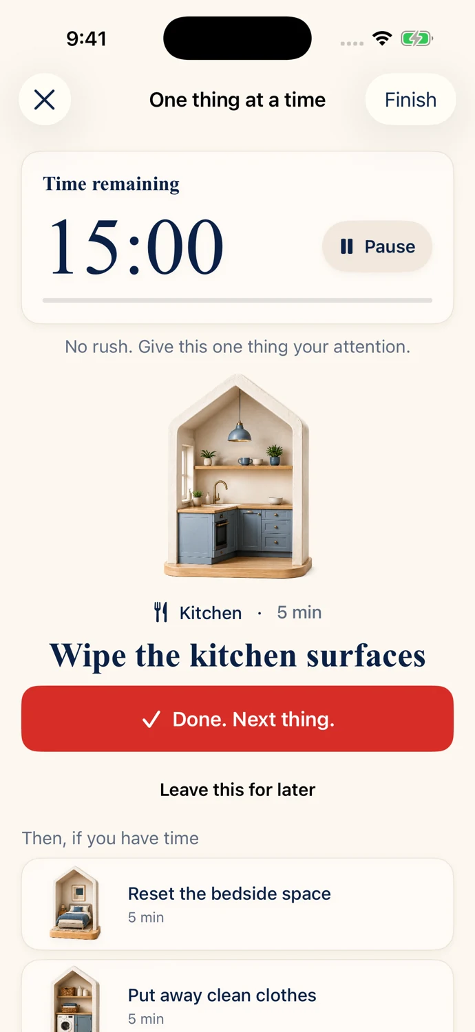 Declutter guided reset showing one task to focus on