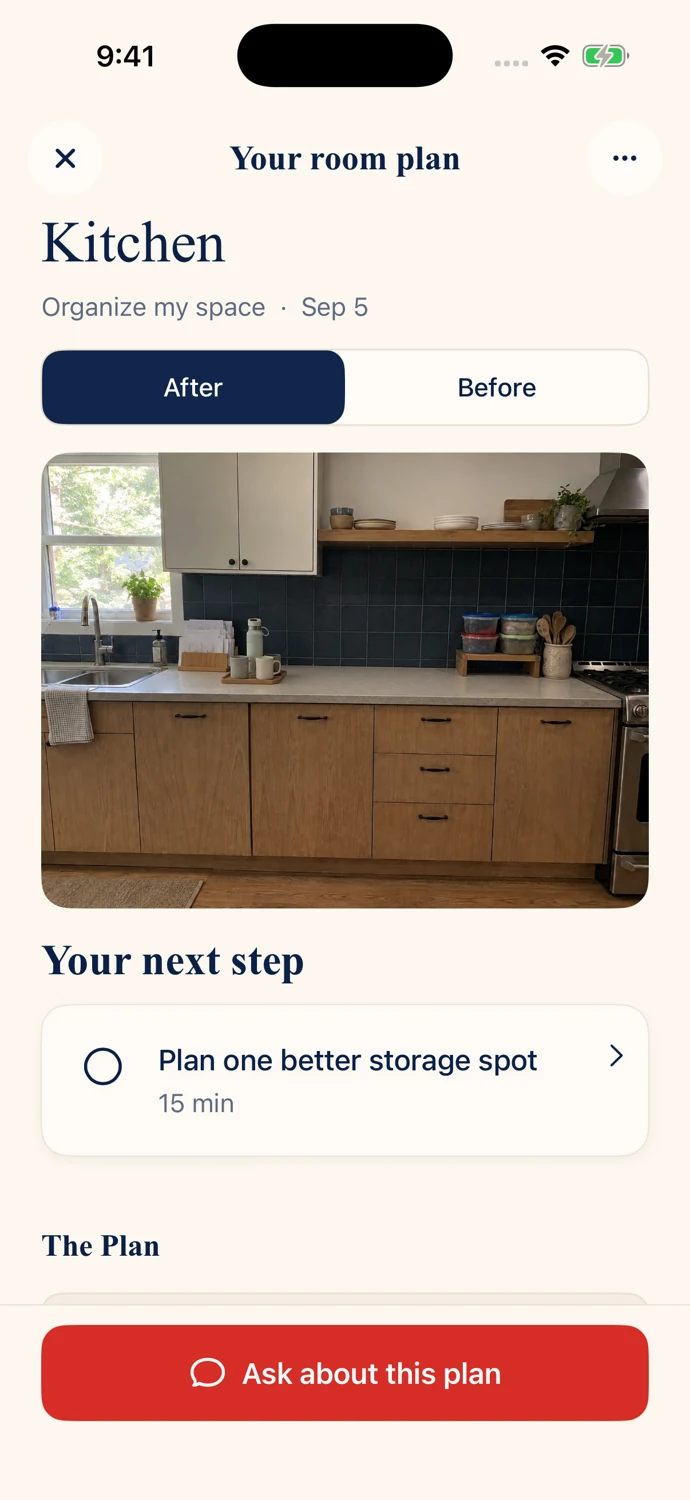 Declutter organizing plan with a kitchen storage preview