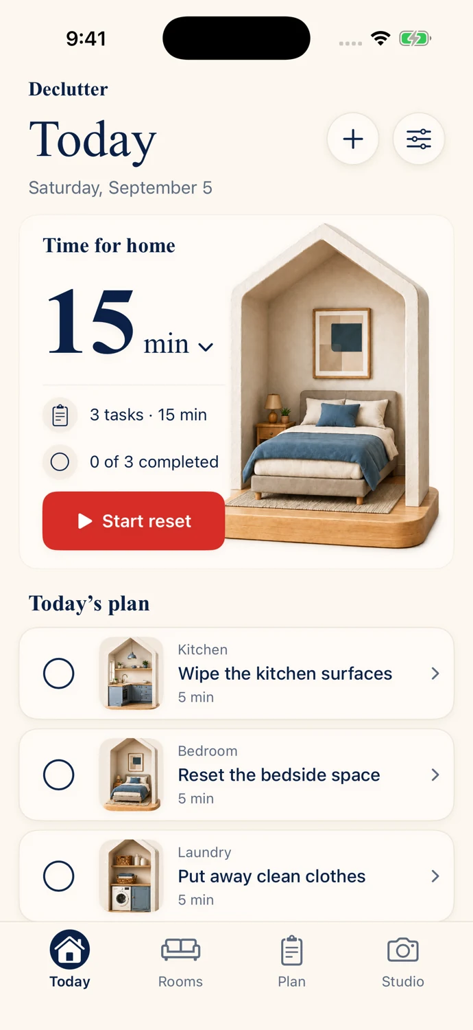 Declutter app screen supporting the daily cleaning routine guide